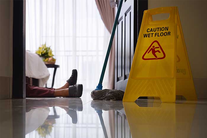 A "caution: wet floor" safety sign. Legal help for slip-and-fall and trip-and-fall accident victims in Jackson, MS.